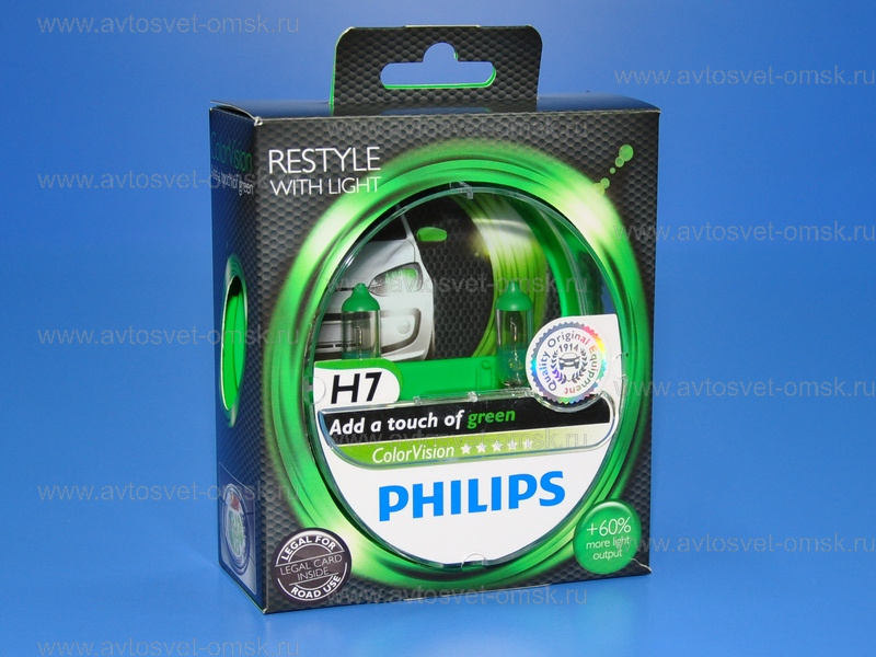 ��������� 12V H7 55W+60% COLOR VISION GREEN (�-�) 12972CVPG Philips